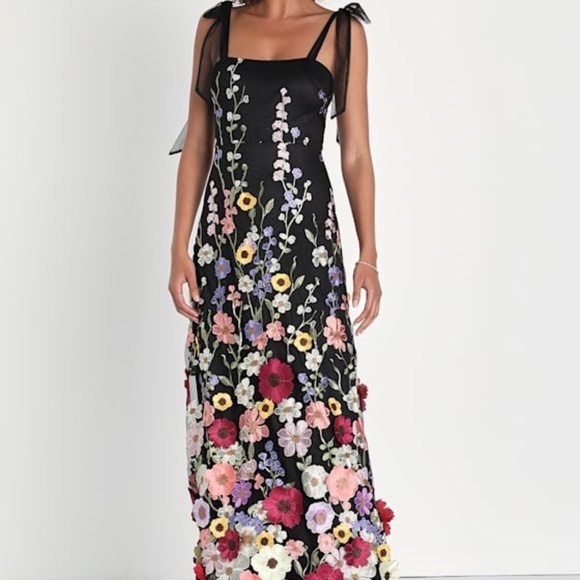 Lulus Thriving Poise Black 3d Floral Embroidered Tie-strap Maxi Dress - Size XS - Picture 1 of 4